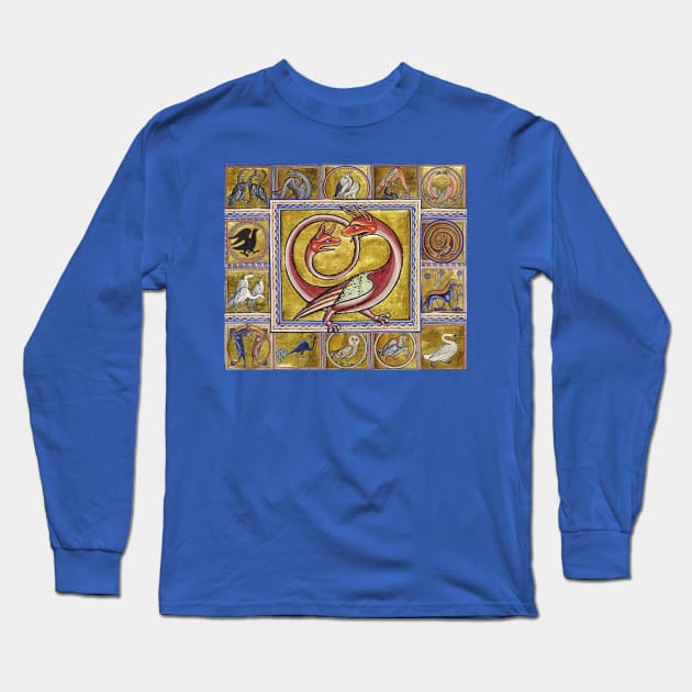 MEDIEVAL BESTIARY,TWO HEADED RED DRAGON, FANTASTIC ANIMALS IN GOLD RED BLUE COLORS Long Sleeve T-Shirt by BulganLumini